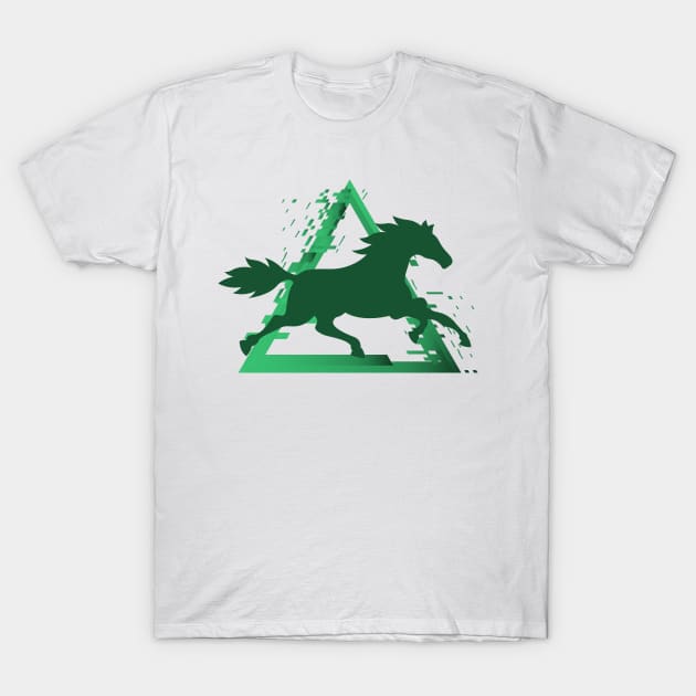 Horse Trotting with a Pixelated Triangular Explosion: Modern Design (green) T-Shirt by Stupid Coffee Designs